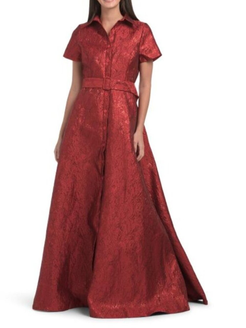 RENE BY RENE RUIZ Short Sleeve Jacquard Gown With Belt